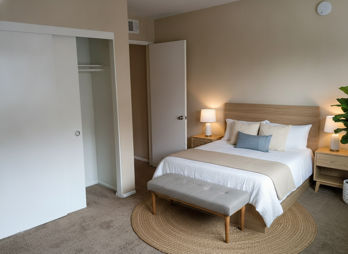 Bedroom staged with a made bed and nightstands