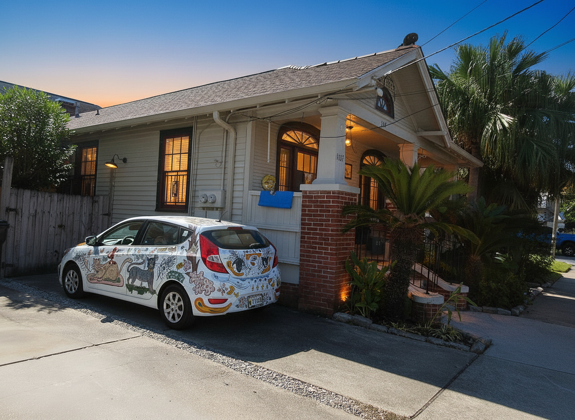 Bungalow exterior at dusk with lit windows