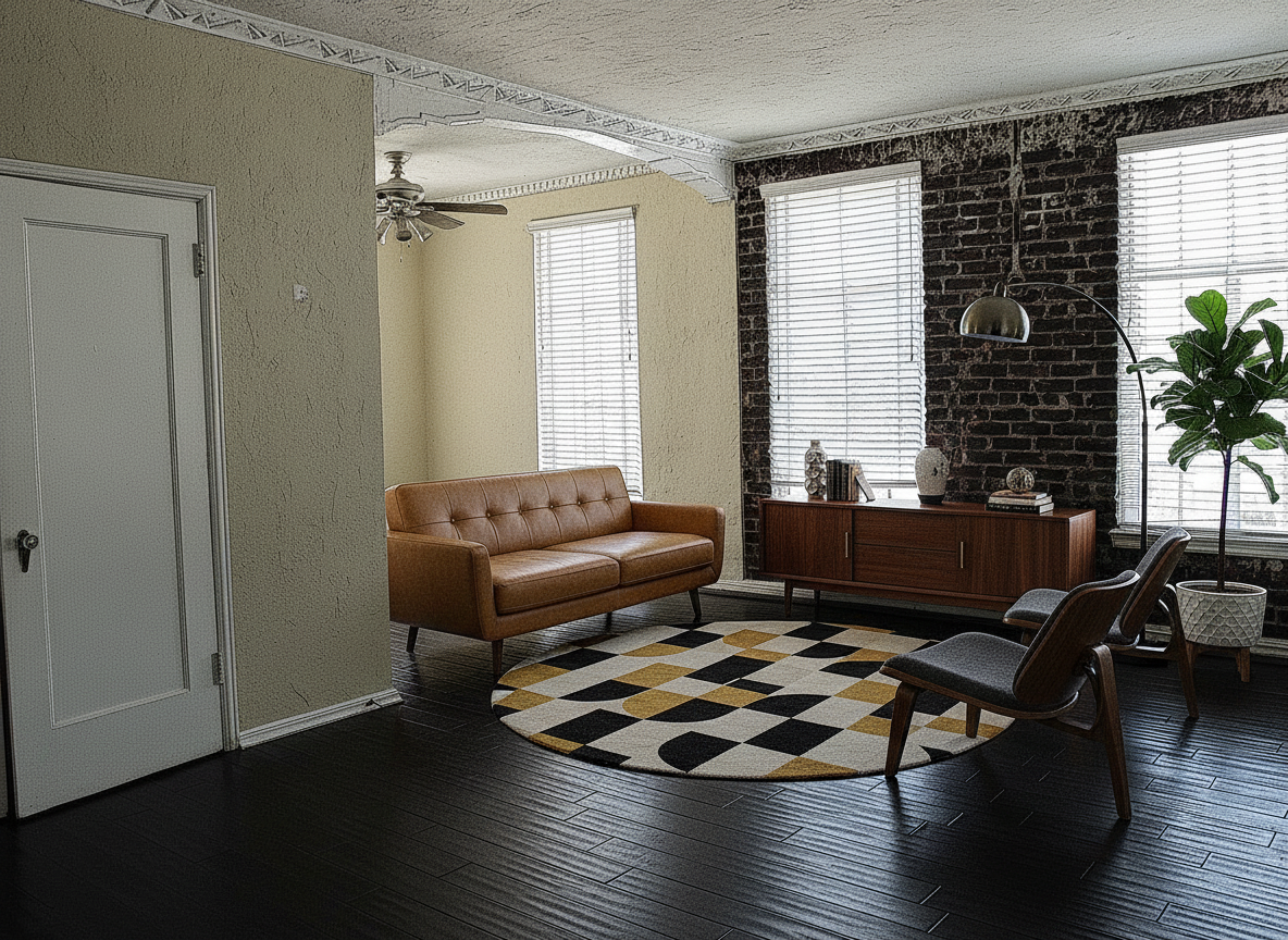 Living room staged in a mid-century modern style